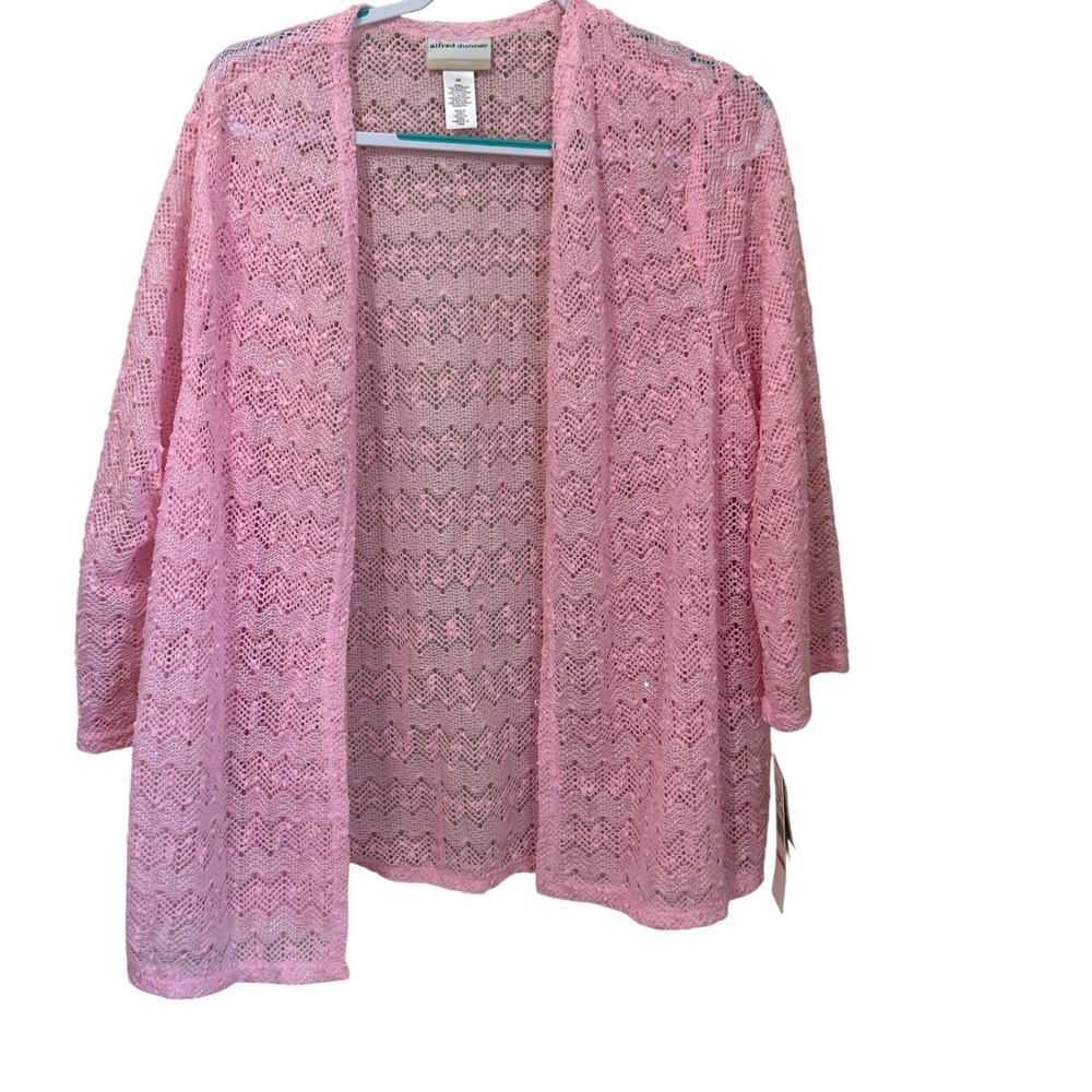 Alfred Dunner Pink Sequin Crochet Lace Open Front Cardigan Plus Size 2X‎ Womens